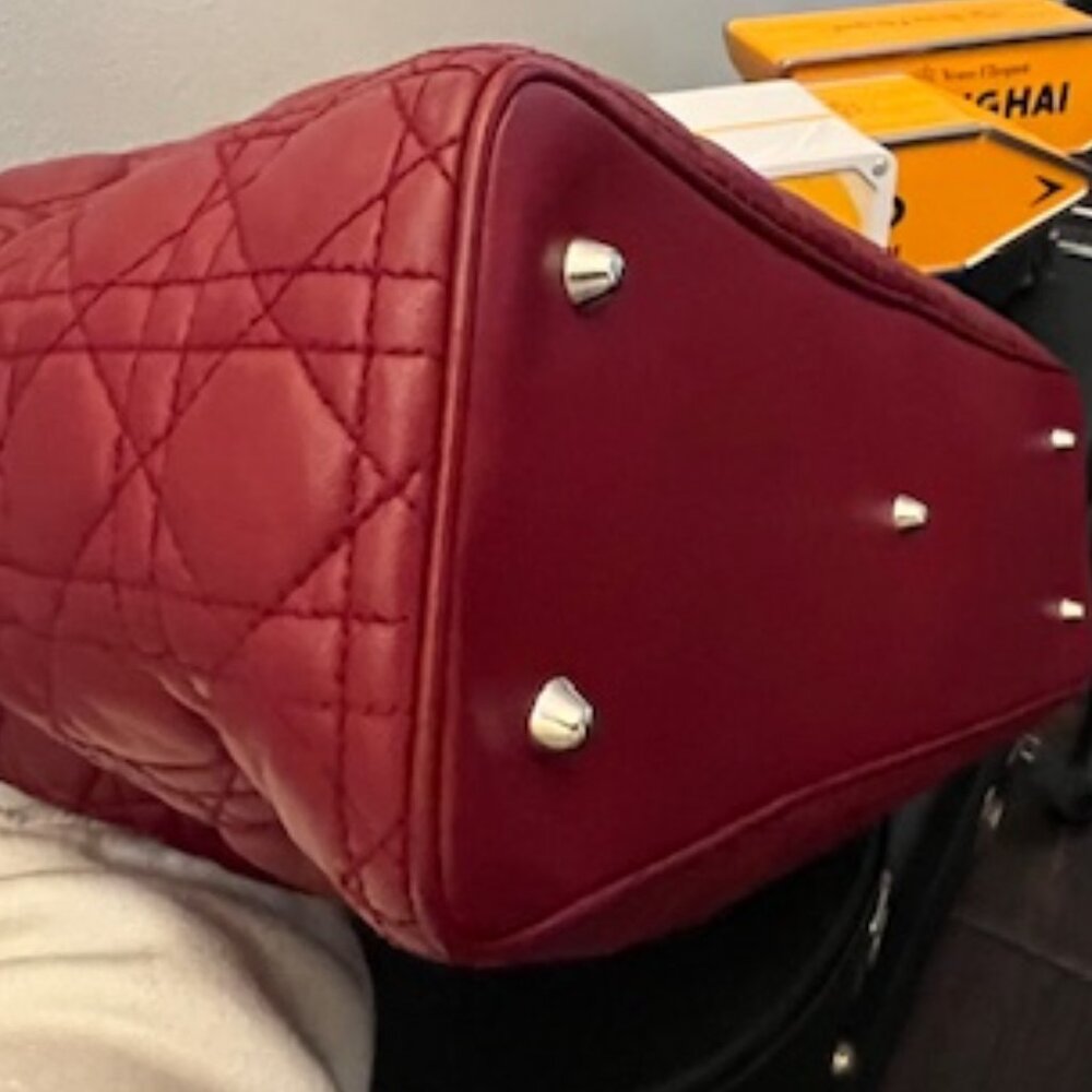 EUC Christian Dior Extra Large Lady Dior – Deep Red Cannage Lambskin | Silver HW - Picture 5 of 13